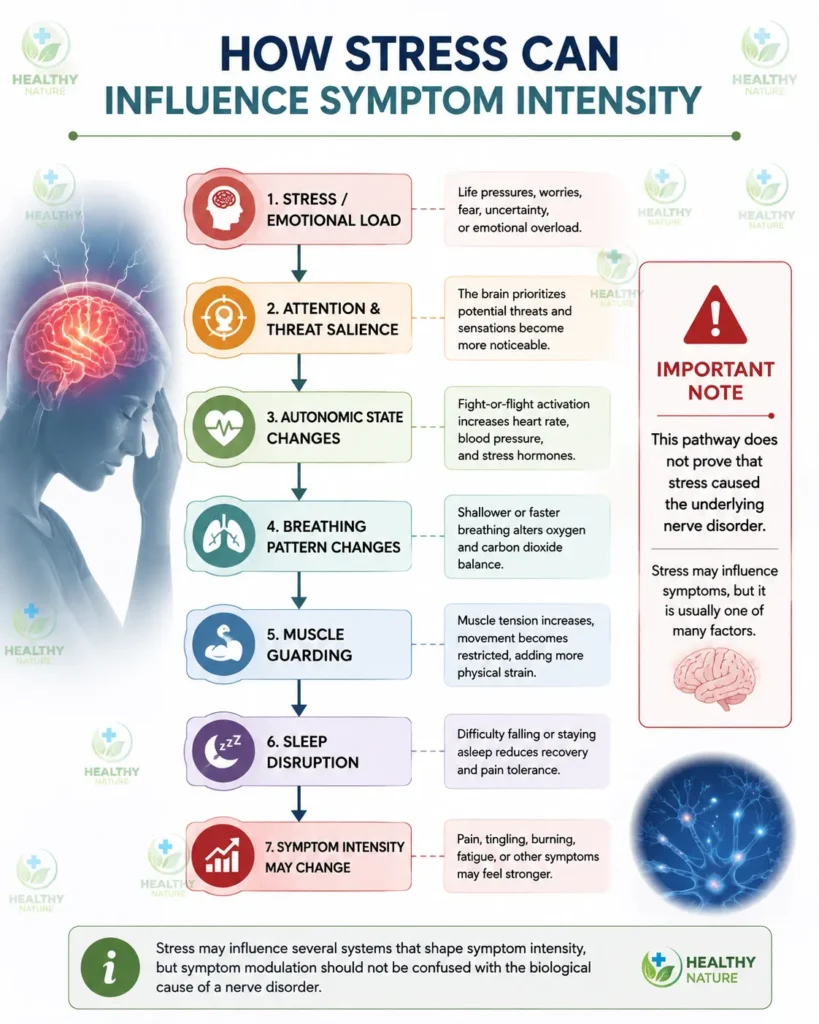 Infographic showing how stress can influence attention autonomic state breathing muscle guarding sleep and nerve symptom intensity