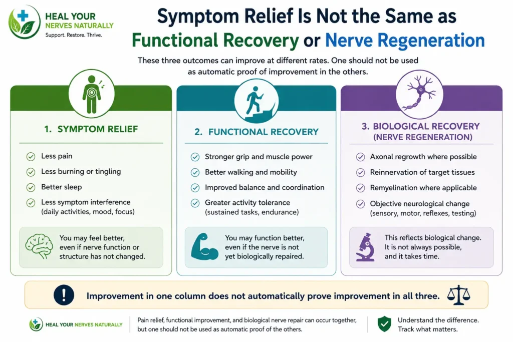 Infographic comparing symptom relief functional recovery and biological nerve regeneration including pain mobility balance axonal regrowth and remyelination