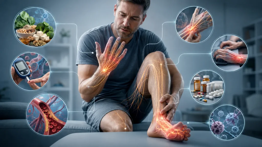 Tingling and Numbness: Different Possible Causes of Nerve Symptoms Realistic medical illustration showing tingling and numbness with possible causes including vitamin B12 deficiency diabetes nerve compression injury circulation problems medications and immune-related disease