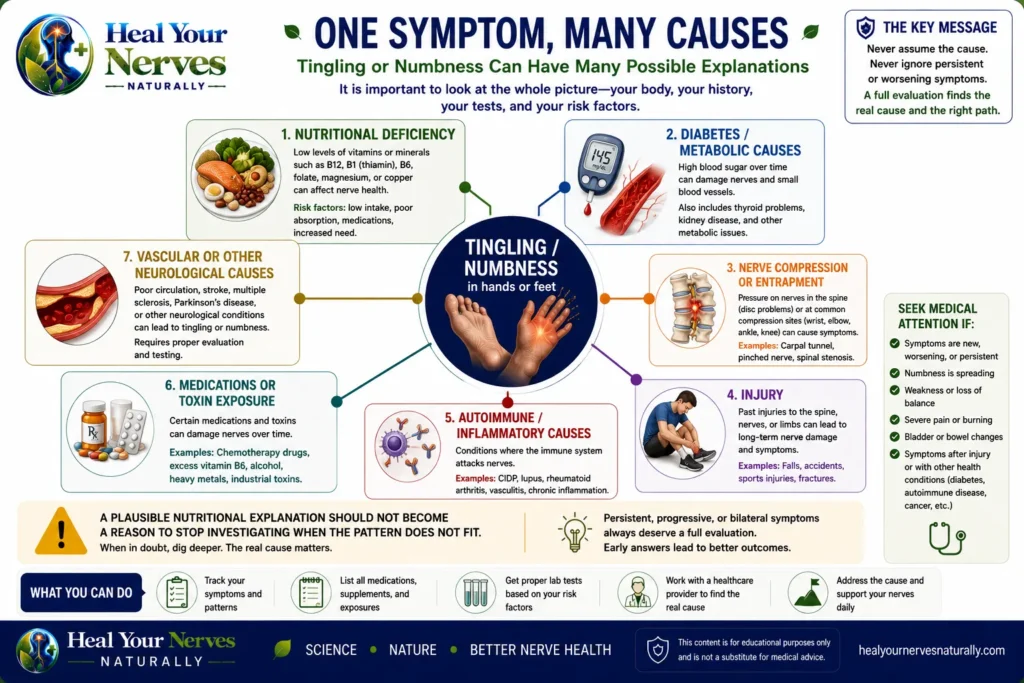 Tingling and numbness can have nutritional metabolic mechanical immune toxic and neurological causes