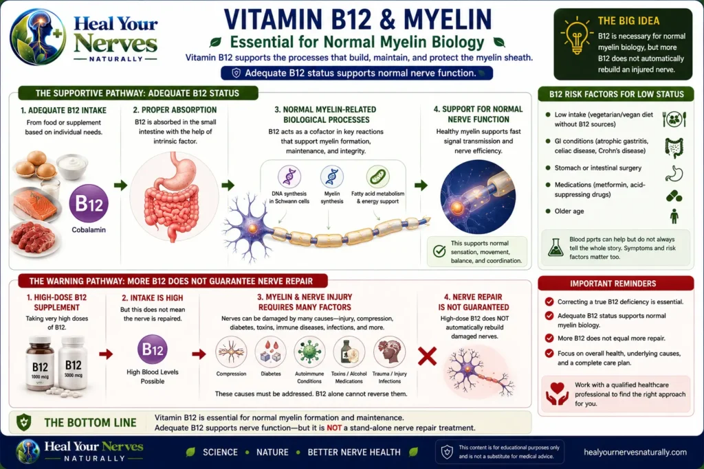Vitamin B12 and myelin biology supporting normal nerve function without claiming guaranteed nerve repair