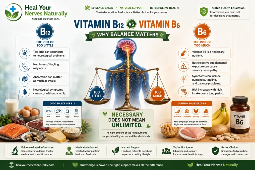 Infographic comparing vitamin B12 deficiency with excessive vitamin B6 intake and their possible effects on peripheral nerves