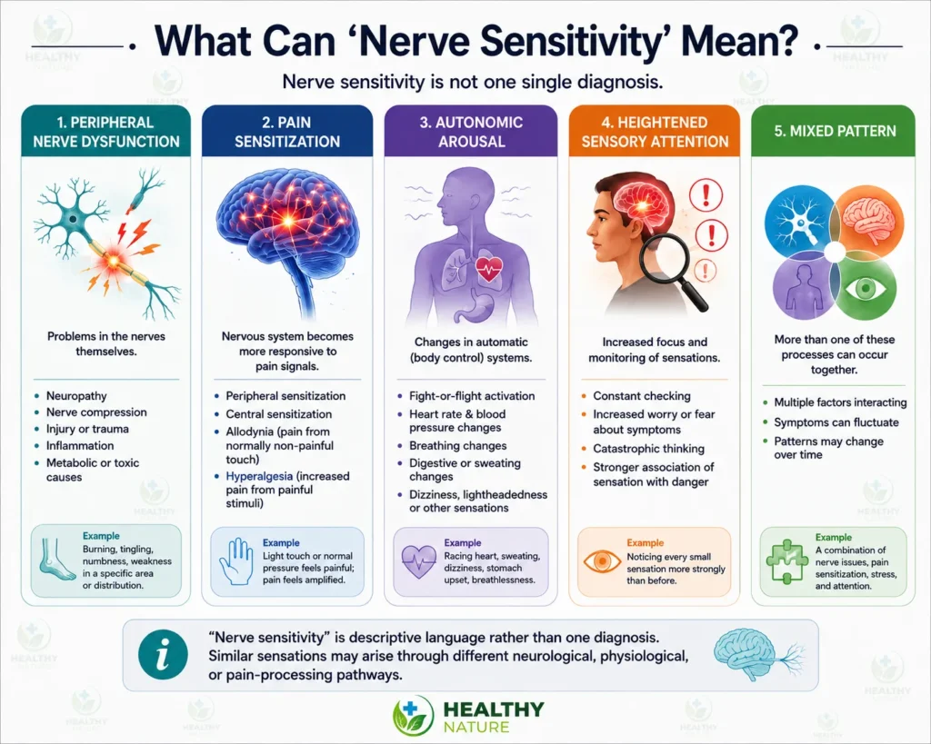Infographic explaining peripheral nerve dysfunction, pain sensitization, autonomic arousal, heightened sensory attention, and mixed patterns