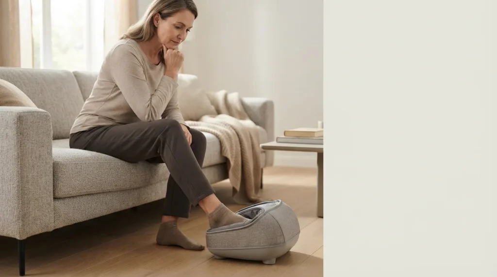 Adult considering a foot massager while experiencing reduced sensation in the feet
