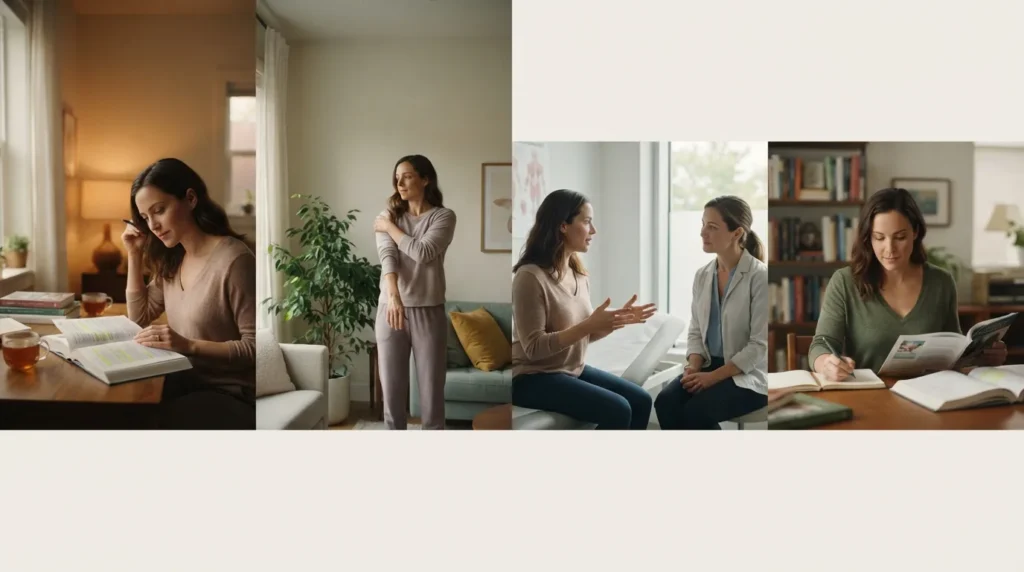 Person learning, observing symptoms, discussing progress, and returning to health information