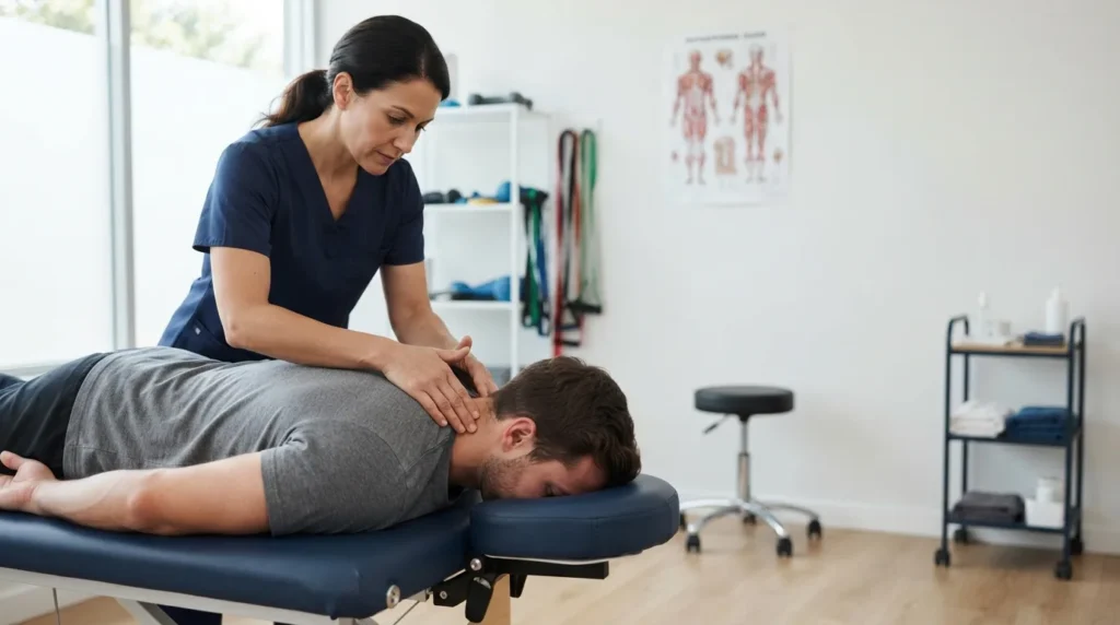Physiotherapist providing hands-on manual therapy to an adult patient in a rehabilitation clinic