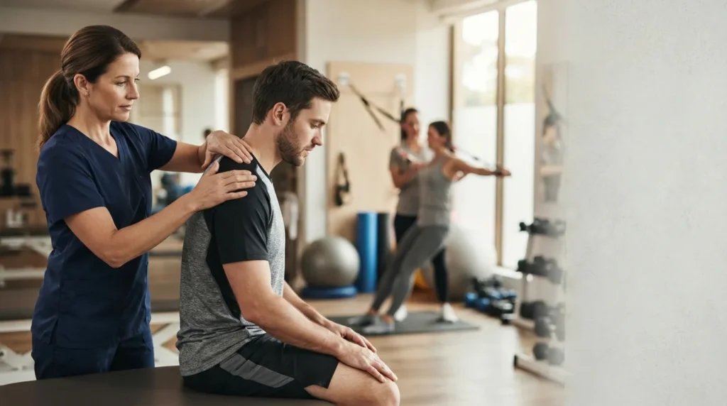 Physiotherapist providing manual therapy while movement and rehabilitation activities take place nearby