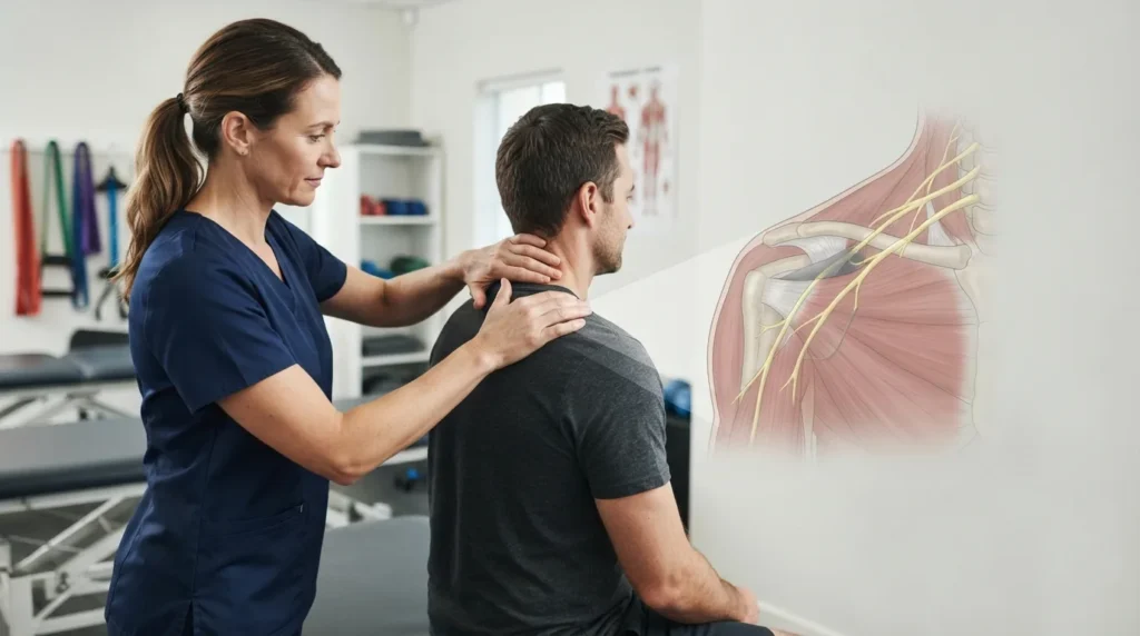 Manual therapy shown alongside a clinical context involving possible nerve compression