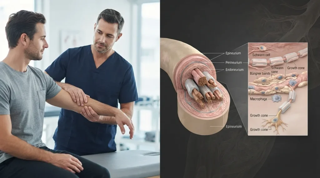 Manual therapy shown separately from the biological process of peripheral nerve repair