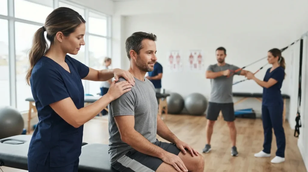Physiotherapist combining hands-on care with guided movement exercise in rehabilitation