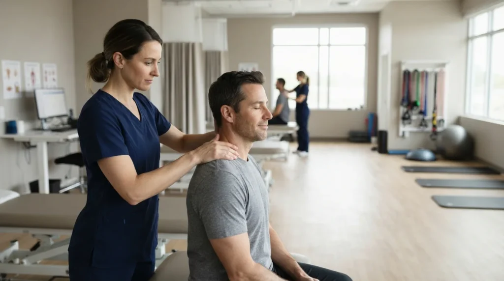 Physiotherapist providing manual therapy within a broader rehabilitation setting