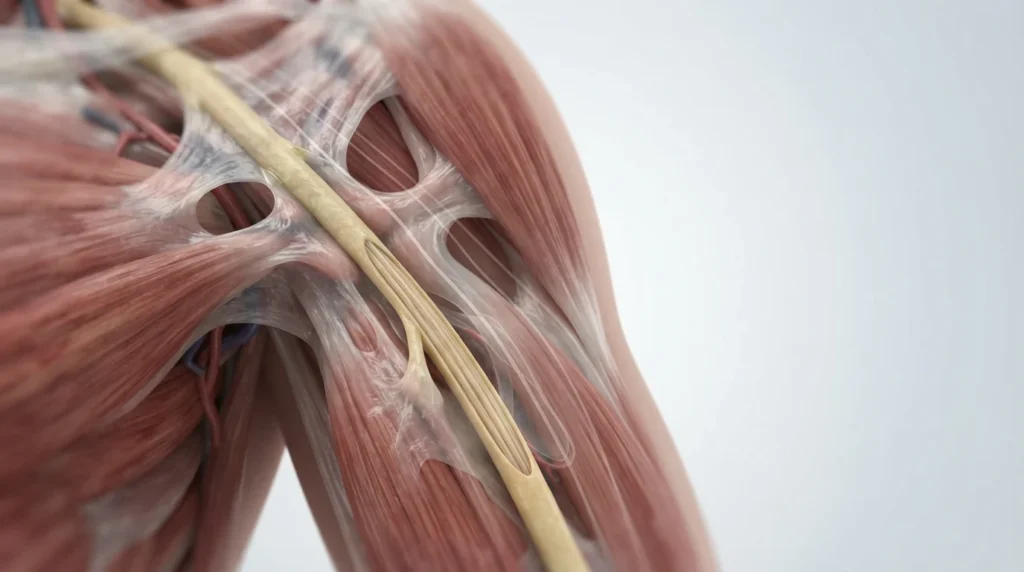 Medical visualization showing a peripheral nerve moving within surrounding tissues