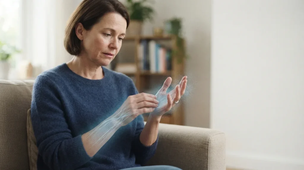 Adult noticing unusual sensation in a hand while considering nerve-related symptoms