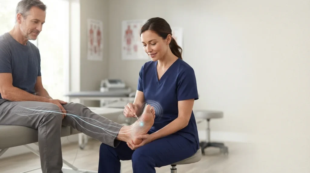 Practitioner carefully assessing an adult with reduced sensation in the lower limb
