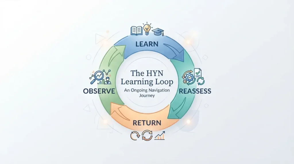 HYN learning loop showing Learn, Observe, Reassess, and Return