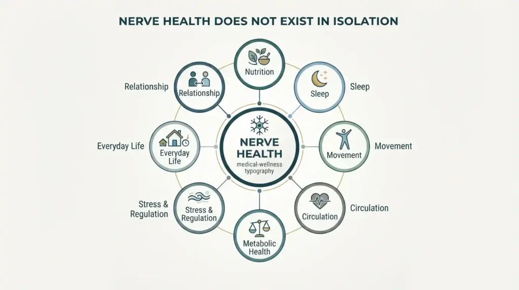 Diagram showing nerve health within nutrition, sleep, movement, circulation, metabolism, stress, and everyday life
