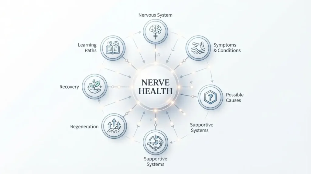 HYN nerve health learning system showing seven connected learning directions