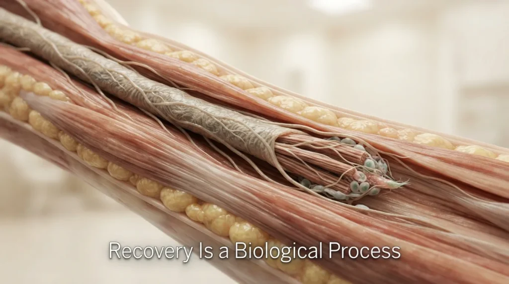 Photorealistic 3D view of a peripheral nerve illustrating the biological context of nerve recovery