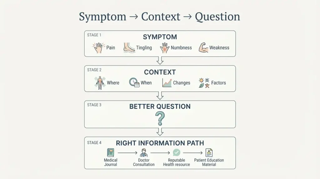Diagram showing how a symptom leads to context, better questions, and the right information path